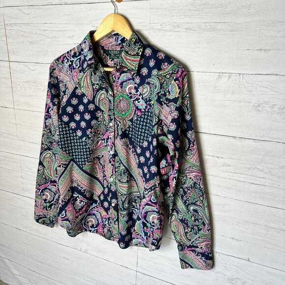 Lauren Ralph Lauren Top Womens Size Large Colorful Paisley Patchwork Non Iron - Picture 4 of 16